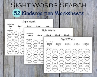Sight Words - Worksheets - Printable - Kindergarten - Activities - 52 Kindergarten Dolch Sight Words - Dab It Worksheets - Instant Download