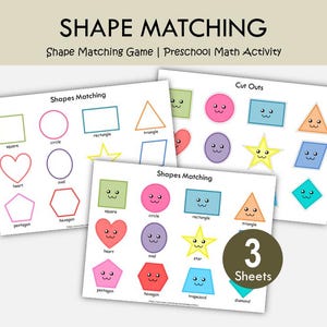 May include: A set of three printable sheets titled SHAPE MATCHING and Shape Matching Game | Preschool Math Activity. The pages feature colorful geometric shapes including squares, circles, rectangles, triangles, hearts, ovals, stars, pentagons, and hexagons.