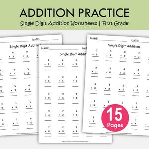 15 Single Digit Addition Worksheets Printable, Kindergarten Math Worksheets, First Grade Addition Practice, Basic Math Worksheets PDF