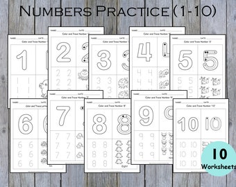 10 Number Tracing Worksheets for Preschool, Math Workbook, Learning Numbers, Counting, Kindergarten, Handwriting Practice PDF