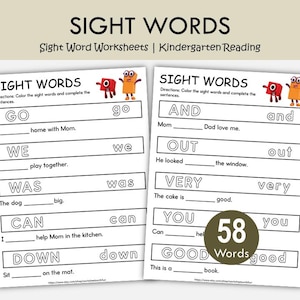 Puede incluir: Dos hojas de trabajo educativas blancas tituladas SIGHT WORDS con instrucciones para colorear palabras y completar oraciones. Las páginas presentan personajes de dibujos animados y listas de palabras que incluyen GO, WE, WAS, CAN, DOWN, AND, OUT, VERY, YOU y GOOD.