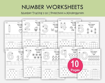 Hojas de trabajo para trazar números del 1 al 10 imprimibles / Práctica de matemáticas y conteo para preescolar / Trazar y escribir números / Preescolar, jardín de infantes