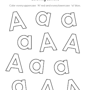 May include: A printable worksheet for coloring uppercase 'A' letters red and lowercase 'a' letters blue. The worksheet features nine 'A' letters and nine 'a' letters.