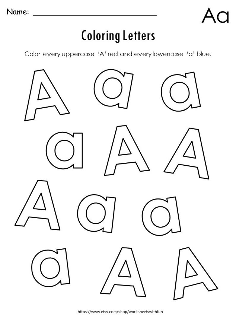 May include: A printable worksheet for coloring uppercase 'A' letters red and lowercase 'a' letters blue. The worksheet features nine 'A' letters and nine 'a' letters.