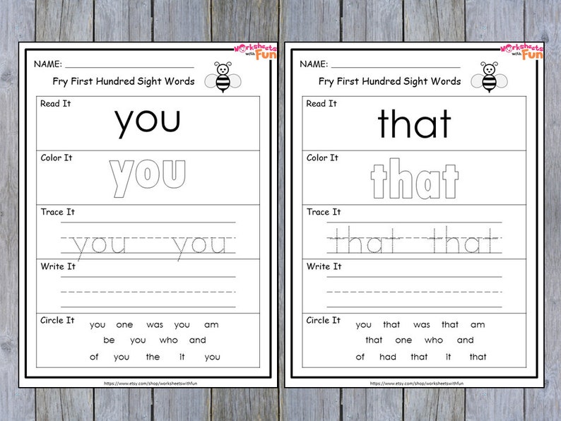 100 Printable Fry First Hundred Sight Words Worksheets for - Etsy