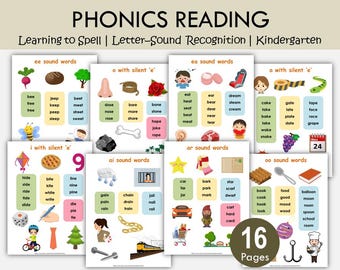 Phonics Reading Worksheets Printable | 16 Picture Phonics Sheets for Kids Learning to Spell | Kindergarten and Grade 1