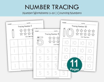 Number Tracing Worksheets 1-10 | Counting Stars Activity | Preschool Number Practice | Kindergarten Math Printable | Trace and Color PDF