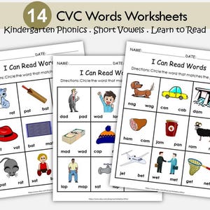 CVC Words Phonics Arbeitsblätter zum Ausdrucken | Vorschule, Kindergarten Lektüre | CVC Objekte | Ich kann CVC Wörter lesen | Digitaler Download
