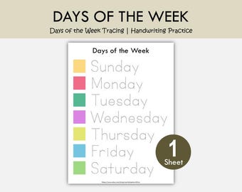 Days of the Week Tracing Worksheet Printable | Handwriting Practice for Kindergarten | Preschool Learning Activity | Days of Week Worksheet