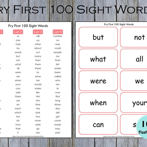 100 Printable Fry First Hundred Sight Words Worksheets for - Etsy