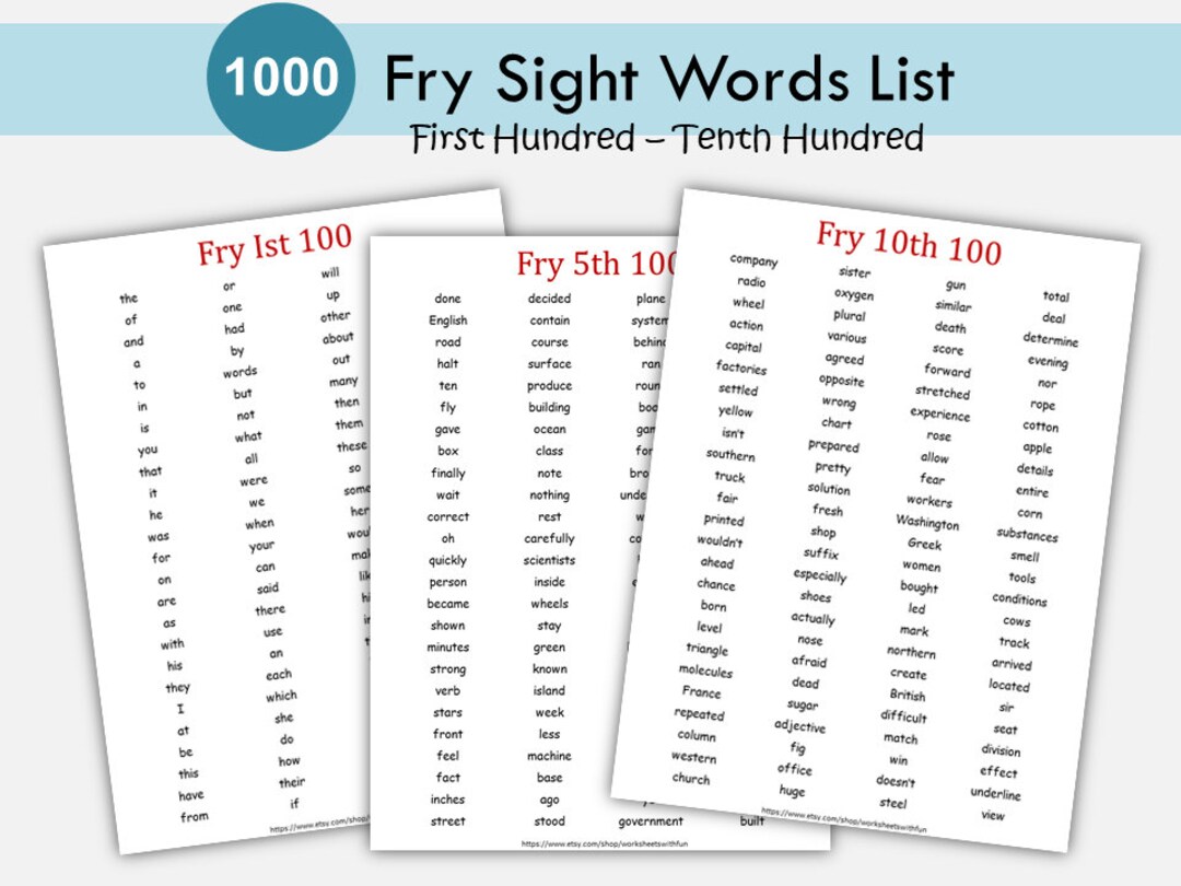 1,000 High Frequency Words, Fry Sight Words Printable, Spelling, Sight Words, Homeschool, Pre K, Kindergarten, Elementary School, Montessori - Etsy for Free Printable Fry Word List
