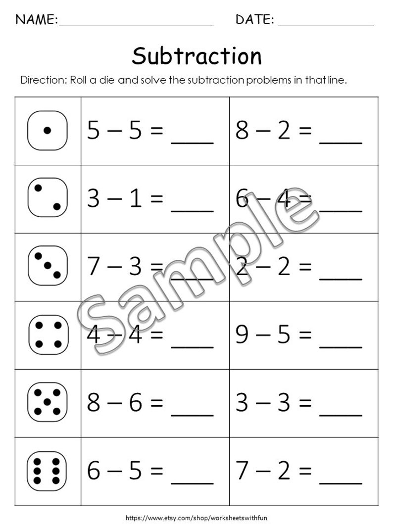 May include: A black and white subtraction worksheet with dice illustrations. The worksheet includes subtraction problems such as 5-5= and 8-2=. The text "Subtraction" is at the top, with instructions below. The bottom of the page includes a website address.