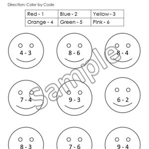 May include: A black and white subtraction worksheet with smiley faces. The worksheet includes the text "Subtraction" and "Direction: Color by Code". The color code table includes the colors red, blue, yellow, orange, green, and pink.