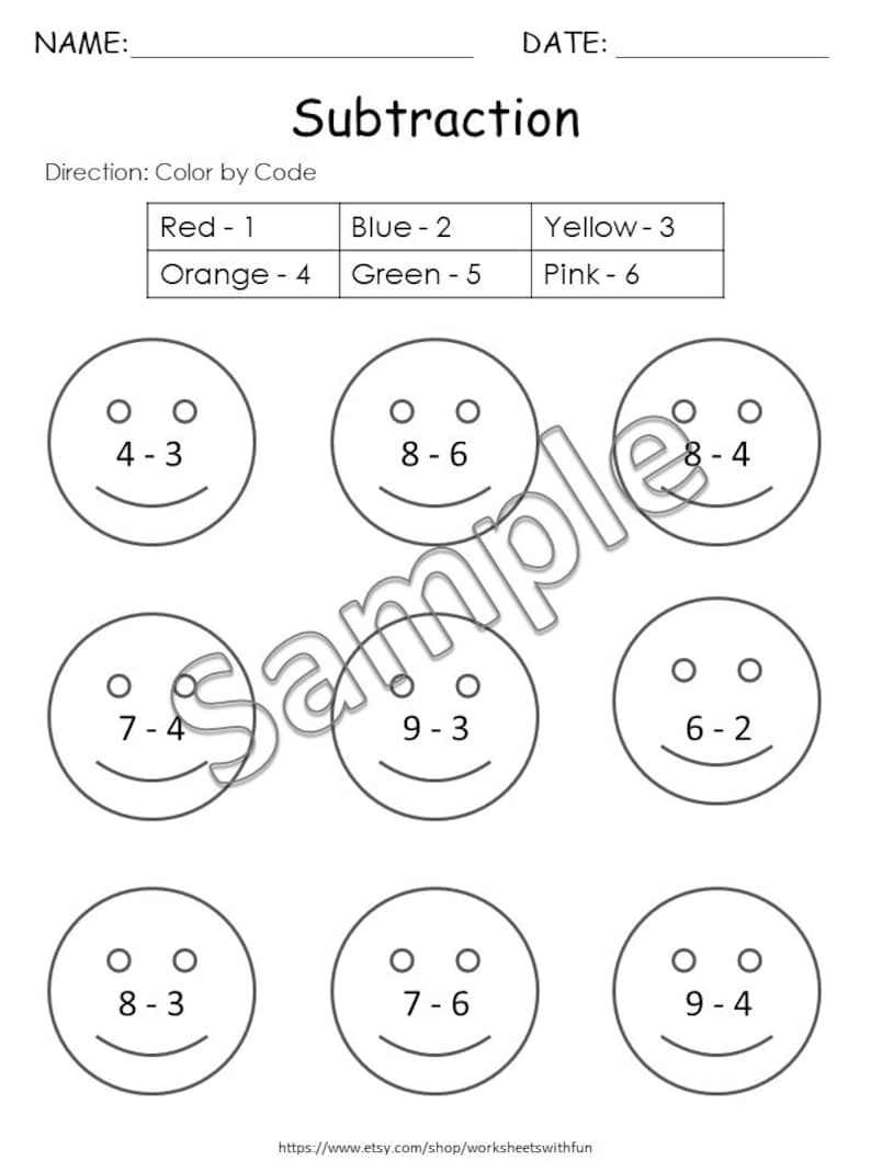 May include: A black and white subtraction worksheet with smiley faces. The worksheet includes the text "Subtraction" and "Direction: Color by Code". The color code table includes the colors red, blue, yellow, orange, green, and pink.