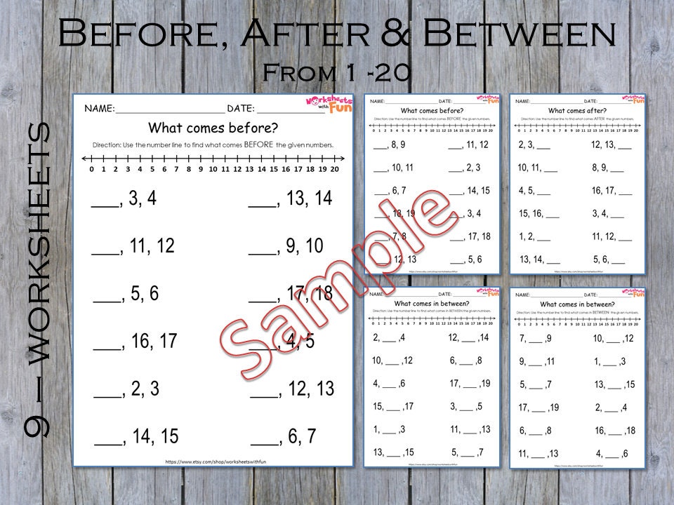 numbers before after between 1 20 worksheets one more one etsy