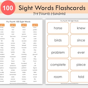 Flashcard di parole a vista, Schede di parole a vista - Fry Fourth Hundred, Elenco di 100 parole ad alta frequenza, Grado 1, 2, Fonetica, Impara a leggere, Ortografia