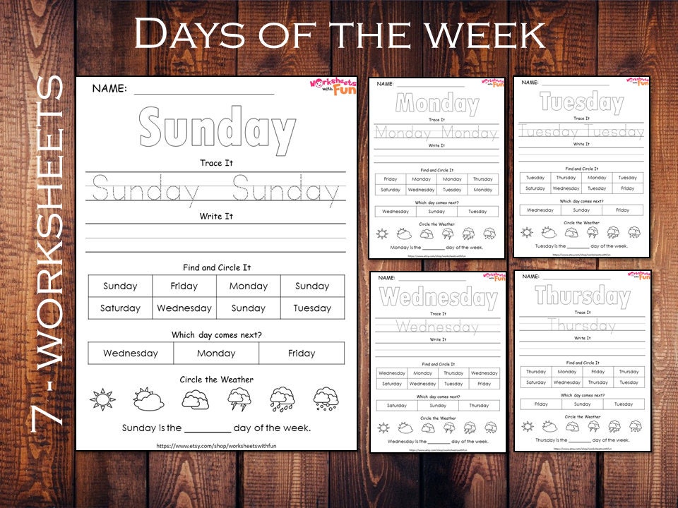 days of the week worksheets printable kindergarten activity etsy new zealand