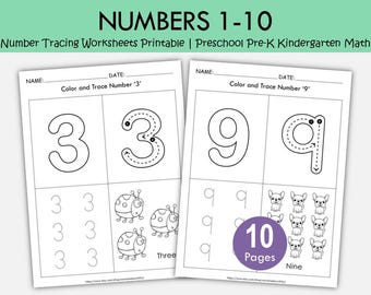 Folhas de exercícios de traçado de números de 1 a 10 para imprimir | Contagem e colorir | Matemática para pré-escola, jardim de infância e pré-escola