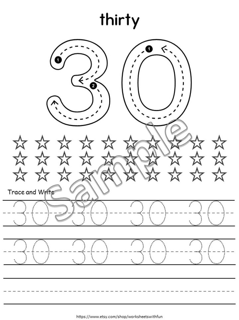 Thirty Write Number Tracing Worksheets 1β30 Printable | Preschool & Kindergarten ...