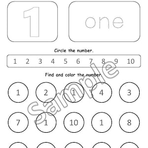 K&ouml;nnte beinhalten: Ein schwarz-wei&szlig;es Lernarbeitsblatt f&uuml;r Kinder mit der Zahl 1. Es enth&auml;lt Abschnitte mit den Bezeichnungen Name, Date, Read and Color It, Trace It mit dem Wort one, Circle the number und Find and color the number mit Kreisen.
