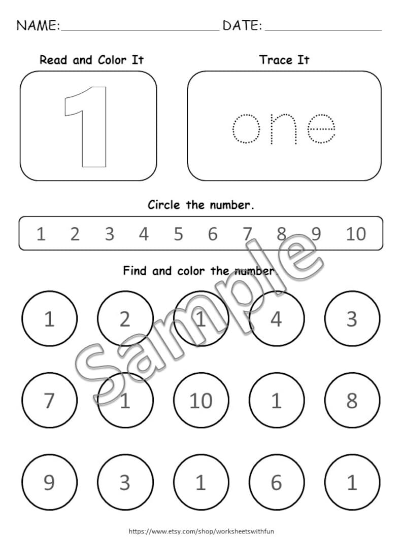 K&ouml;nnte beinhalten: Ein schwarz-wei&szlig;es Lernarbeitsblatt f&uuml;r Kinder mit der Zahl 1. Es enth&auml;lt Abschnitte mit den Bezeichnungen Name, Date, Read and Color It, Trace It mit dem Wort one, Circle the number und Find and color the number mit Kreisen.