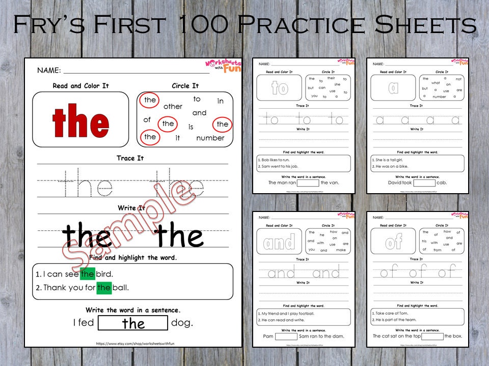 100 printable fry first hundred sight words worksheets for etsy