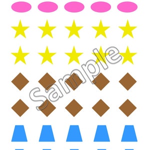 May include: A printable worksheet with various shapes in pink, yellow, brown, and blue. The shapes include circles, stars, diamonds, and triangles.