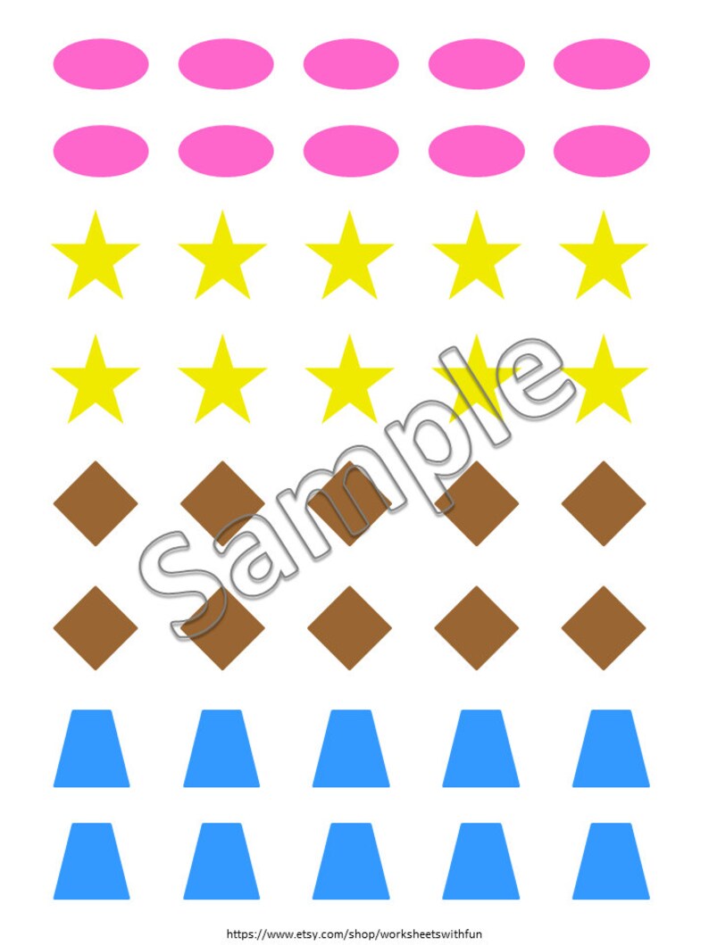 May include: A printable worksheet with various shapes in pink, yellow, brown, and blue. The shapes include circles, stars, diamonds, and triangles.