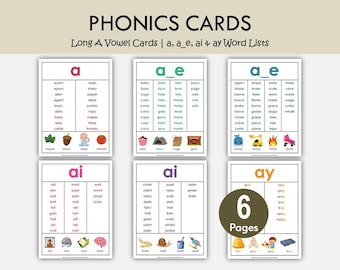 Long A Vowel Phonics Cards Printable, Magic E ai ay Word Lists, Long Vowel Activities, Phonics Flashcards, Kindergarten Reading