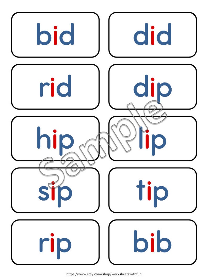 K&ouml;nnte beinhalten: Karteikarten mit W&ouml;rtern wie "bid", "did" und "rid" in blauen und roten Buchstaben. Jedes Wort befindet sich auf einer wei&szlig;en rechteckigen Karte mit schwarzem Rand. Die Karten sind in Reihen und Spalten angeordnet.