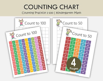 May include: Educational counting charts for kindergarten math practice. The charts feature colorful grids with numbers from 1 to 100 and 1 to 50, along with illustrations and the text "Counting Chart". Includes 4 pages.