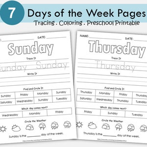 Hojas de trabajo imprimibles de los días de la semana / Actividades de aprendizaje para preescolar y jardín de infantes / Trazar, colorear, encontrar y secuenciar (PDF)