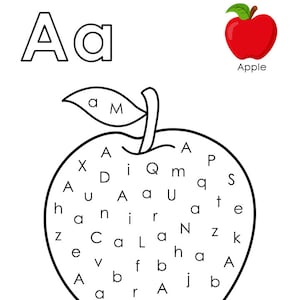 May include: Black and white worksheet with the letter 'A' and 'a' at the top. The worksheet has a picture of an apple with the letters 'A' scattered throughout the apple. The letters 'A' are to be circled.
