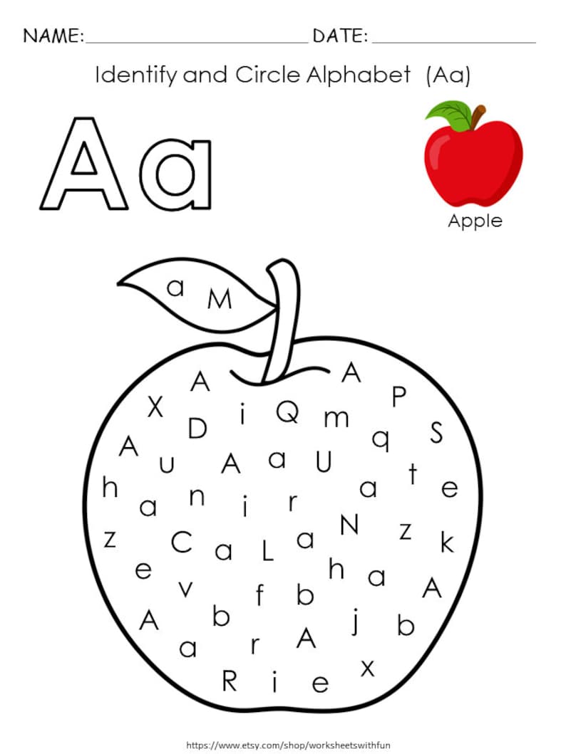 May include: Black and white worksheet with the letter 'A' and 'a' at the top. The worksheet has a picture of an apple with the letters 'A' scattered throughout the apple. The letters 'A' are to be circled.