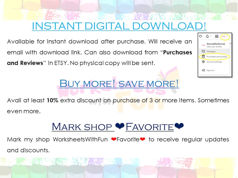 May include: A digital download graphic with the text "INSTANT DIGITAL DOWNLOAD!" and instructions for downloading after purchase. It also includes "BUY MORE! SAVE MORE!" and "MARK SHOP FAVORITE" text.