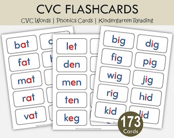 May include: CVC flashcards for kindergarten reading. The cards feature CVC words in a white rectangular shape with a blue border. Each card displays a word in a bold, blue font with a red vowel. The image includes the text "173 Cards".