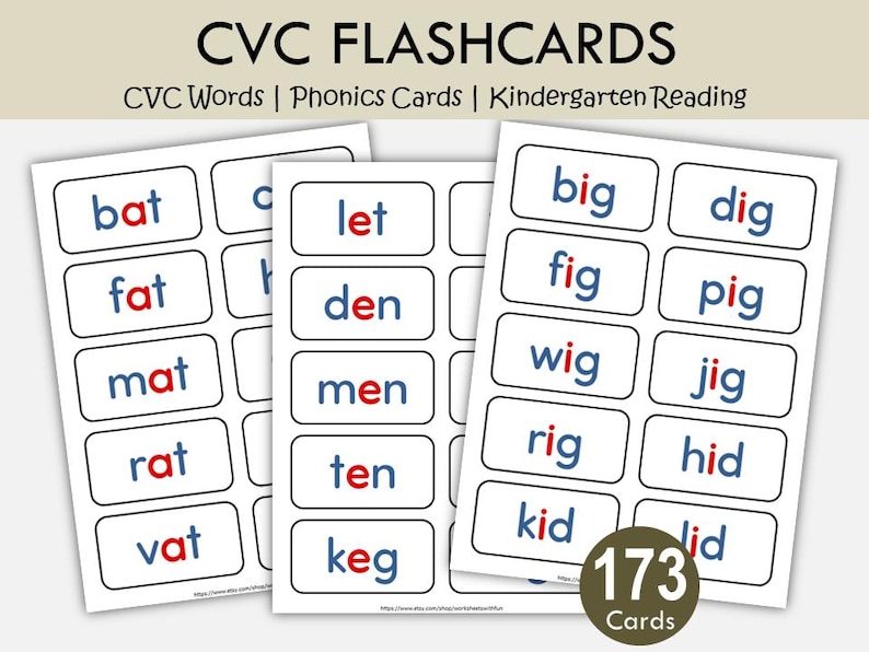 K&ouml;nnte beinhalten: CVC-Karteikarten f&uuml;r das Lesen im Kindergarten. Die Karten zeigen CVC-W&ouml;rter in einem wei&szlig;en Rechteck mit blauem Rand. Jede Karte zeigt ein Wort in fetter, blauer Schrift mit einem roten Vokal. Das Bild enth&auml;lt den Text "173 Karten".