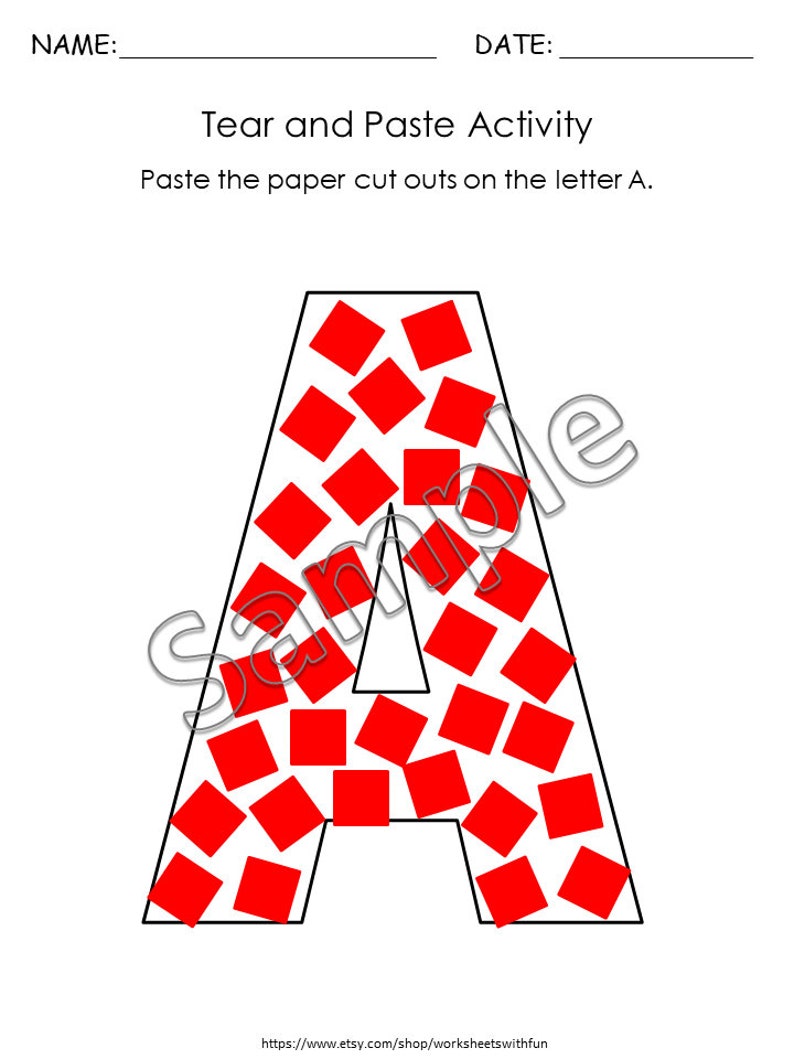 May include: A printable worksheet for children to practise letter recognition. The worksheet features a large capital letter A outlined in black. The instructions are "Tear and Paste Activity. Paste the paper cut outs on the letter A."