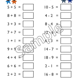 Addition and Subtraction Facts Worksheets Printable for Kids | Numbers upto 10 | Kindergarten Math Practice | 1st Grade Math Review Packet image 5