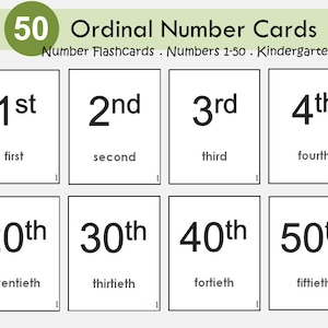 Volgnummers, cijfers 1-50 flashcards, cijferkaart afdrukbaar, cijfers leren, positionele woorden, kleuterschool, thuisonderwijs