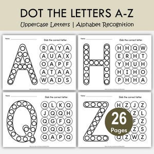 Hojas de trabajo imprimibles para unir letras mayúsculas de la A a la Z / Reconocimiento de letras del alfabeto / Actividad de marcador de puntos para preescolar y jardín de infantes