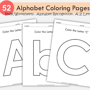 Actividad de reconocimiento del alfabeto para preescolar, hojas de trabajo del alfabeto para niños, páginas para colorear letras, hojas para colorear, imprimibles para preescolar, PDF