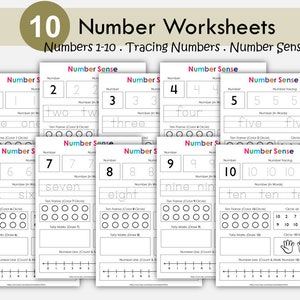 Number Tracing Worksheets (1-10), Preschool Worksheets, Number of the Day, Number Sense, Kindergarten Math, Digital Download
