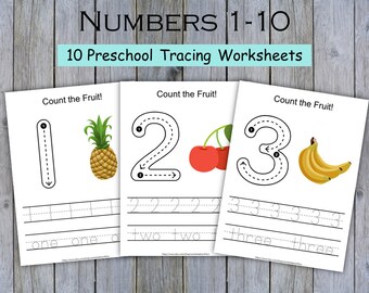 Preschool and Pre-K Number Tracing Worksheets, Numbers 1-10, Count the Fruit, Number Tracing Poster, Counting, Writing, Instant Download