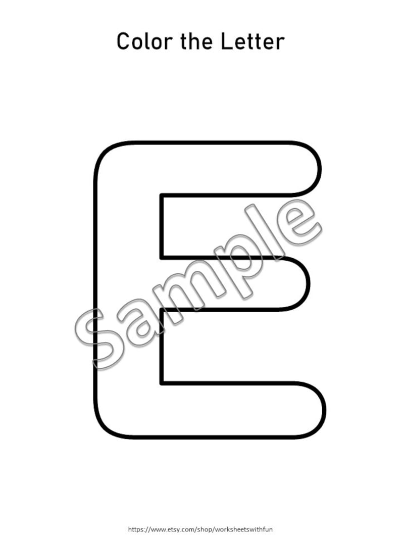 May include: Black and white printable coloring page featuring the letter E.  Color the Letter.