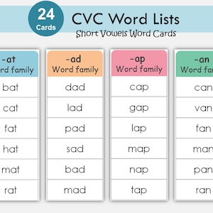 Liste de mots CVC imprimable, lecture pour la maternelle, cartes phonétiques, apprendre à lire, familles de voyelles courtes, Montessori, activités pour tout-petits