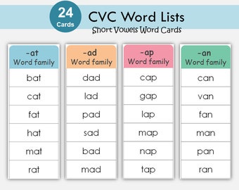 CVC Words List Printable, Kindergarten Reading, Phonics Cards, Learn to Read, Short Vowel Word Families, Montessori, Toddlers Activities