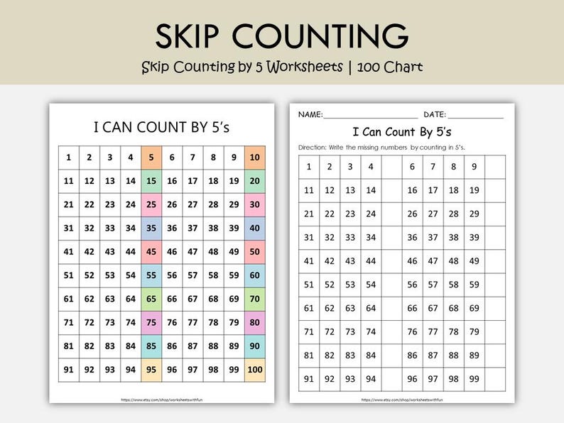 Hojas de trabajo para contar de 2 en 2, de 5 en 5 y de 10 en 10 / Tabla del 100: actividades matemáticas imprimibles / Patrones de multiplicación para jardín de infantes, 1.º y 2.º grado (PDF) imagen 3