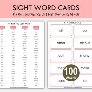 Può includere: Flashcard di parole con il testo "Fry First 100 Flashcards | High Frequency Words". Le carte sono bianche con un bordo rosa e presentano elenchi di parole. Una carta ha un cerchio con "100 Words".
