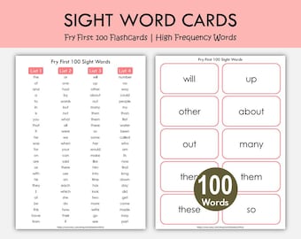 100 cartes-éclair avec mots Fry Sight PDF imprimable | 100 premiers mots à haute fréquence | Maternelle Préscolaire 1re année Mots à vue | Faire frire les cartes de liste de mots